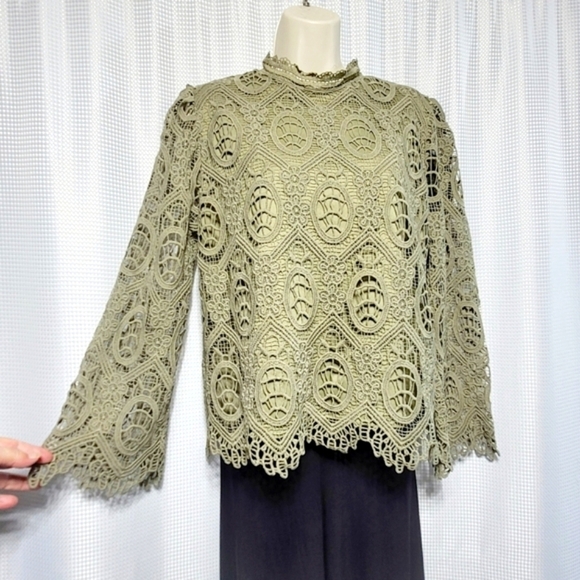 Ultra Pink Sage Crochet Lacey Scalloped Bell Sleeve & Lined Pop Over Blouse (L) - Picture 2 of 12